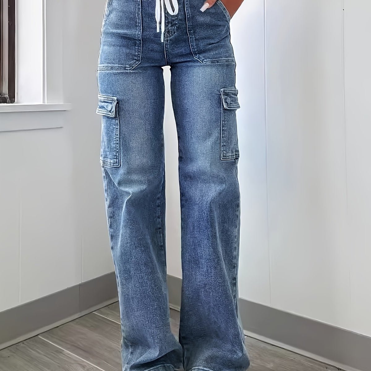 2025 New Style Women'S Leisure Straight-leg Jeans With Laces And Multiple Pockets. Casual Fashion Denim Fabric Sweatpants Jeans Fit Womenswear - SS69 