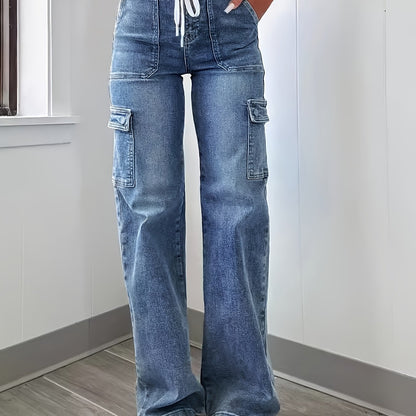 2025 New Style Women'S Leisure Straight-leg Jeans With Laces And Multiple Pockets. Casual Fashion Denim Fabric Sweatpants Jeans Fit Womenswear - SS69 