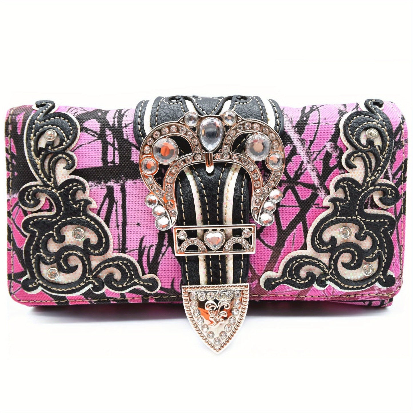 Camouflage Crown Buckle Western Style Purse Floral Shine Glow Country Handbag Women Shoulder Bag Crossbody Wallet Set SS69