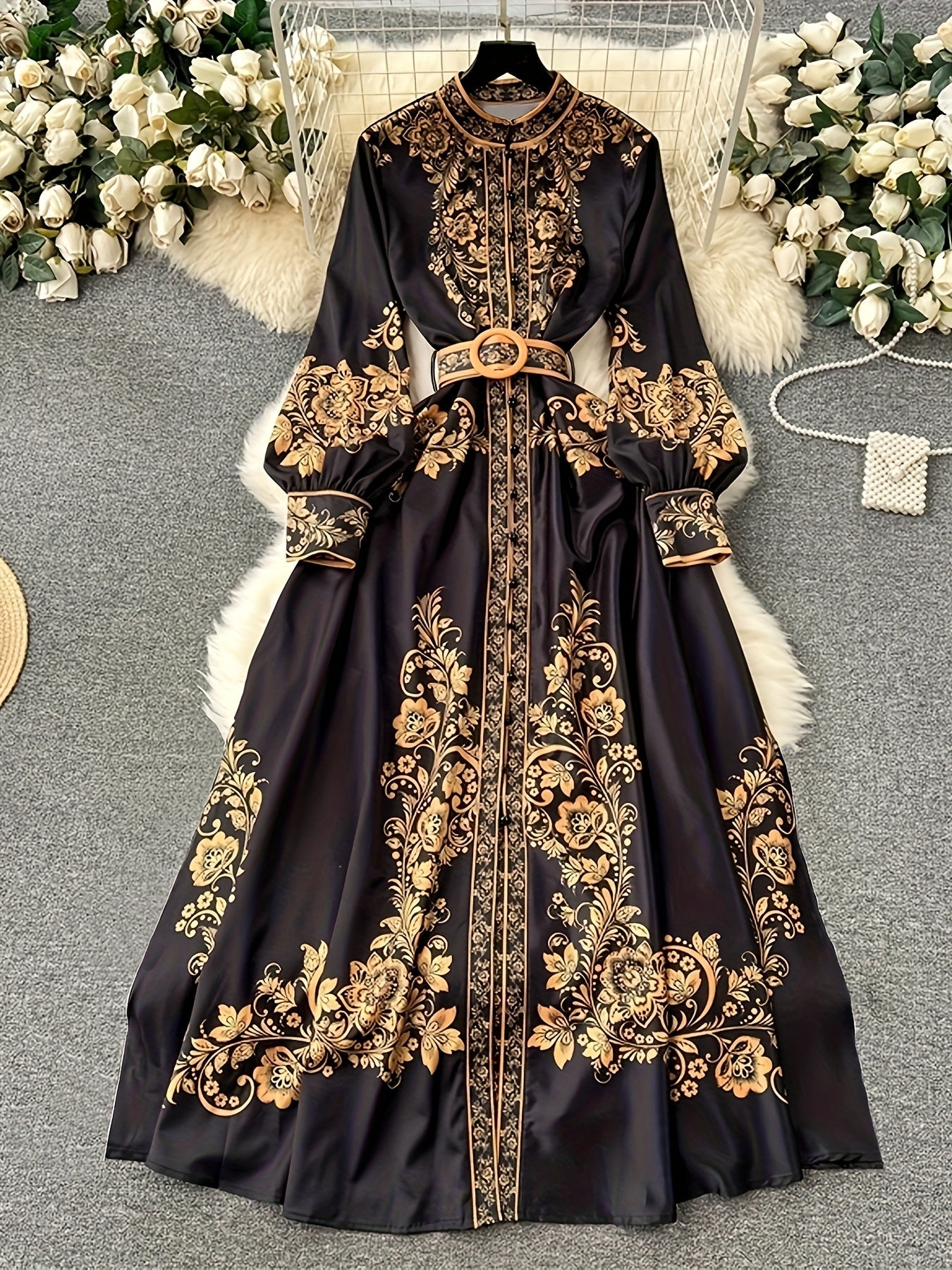 [Retro Dress] Autumn Retro Women's Long Sleeve Ethnic Print Dress with Belt m186 SS69