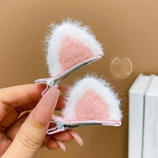 2pcs Cute Plush Cat Ear Hair Clips For Girls, Adorable Furry Side Barrettes, Perfect Holiday Accessory SS69