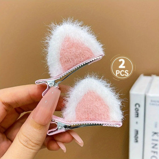 2pcs Cute Plush Cat Ear Hair Clips For Girls, Adorable Furry Side Barrettes, Perfect Holiday Accessory SS69