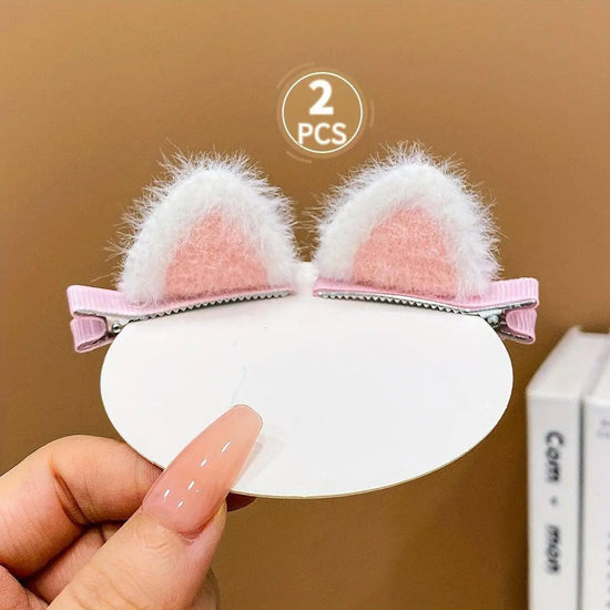 2pcs Cute Plush Cat Ear Hair Clips For Girls, Adorable Furry Side Barrettes, Perfect Holiday Accessory SS69