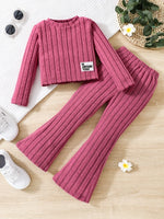2pcs Toddler Girls Ribbed Outfits Crew Neck Long Sleeve Pullover Top + Flare Pants Set Spring Fall Sports Gift, Outdoor Clothing SS69
