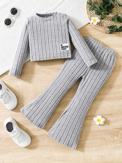 2pcs Toddler Girls Ribbed Outfits Crew Neck Long Sleeve Pullover Top + Flare Pants Set Spring Fall Sports Gift, Outdoor Clothing SS69