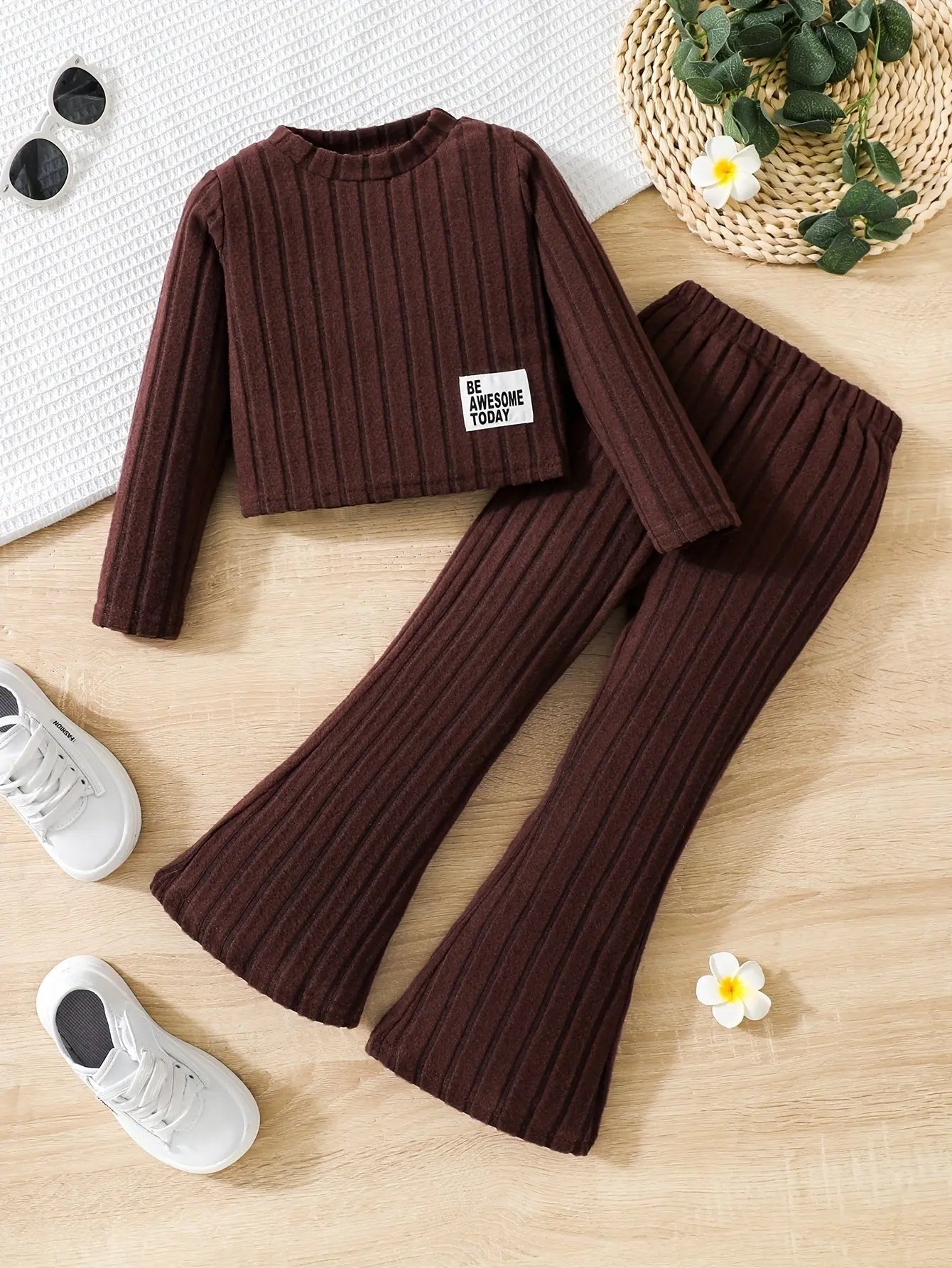 2pcs Toddler Girls Ribbed Outfits Crew Neck Long Sleeve Pullover Top + Flare Pants Set Spring Fall Sports Gift, Outdoor Clothing SS69