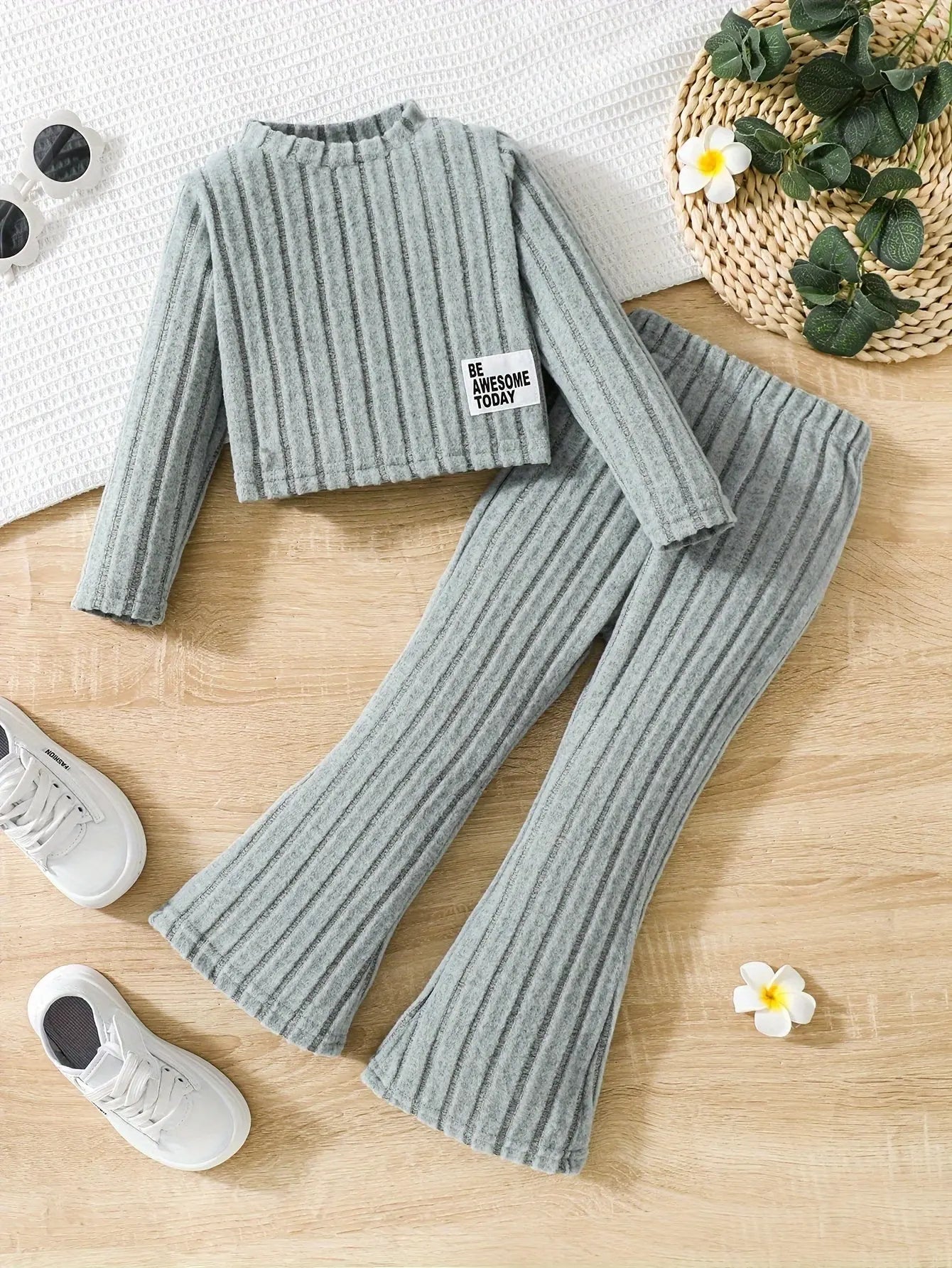 2pcs Toddler Girls Ribbed Outfits Crew Neck Long Sleeve Pullover Top + Flare Pants Set Spring Fall Sports Gift, Outdoor Clothing SS69