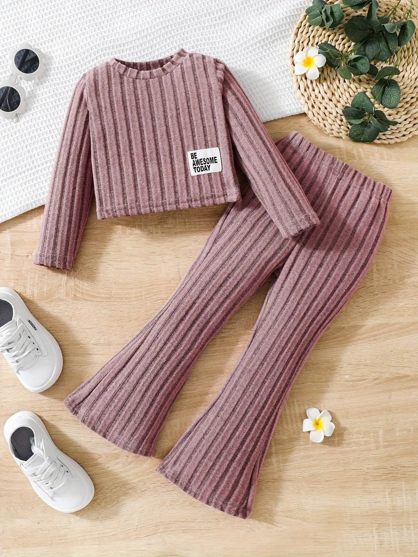 2pcs Toddler Girls Ribbed Outfits Crew Neck Long Sleeve Pullover Top + Flare Pants Set Spring Fall Sports Gift, Outdoor Clothing SS69