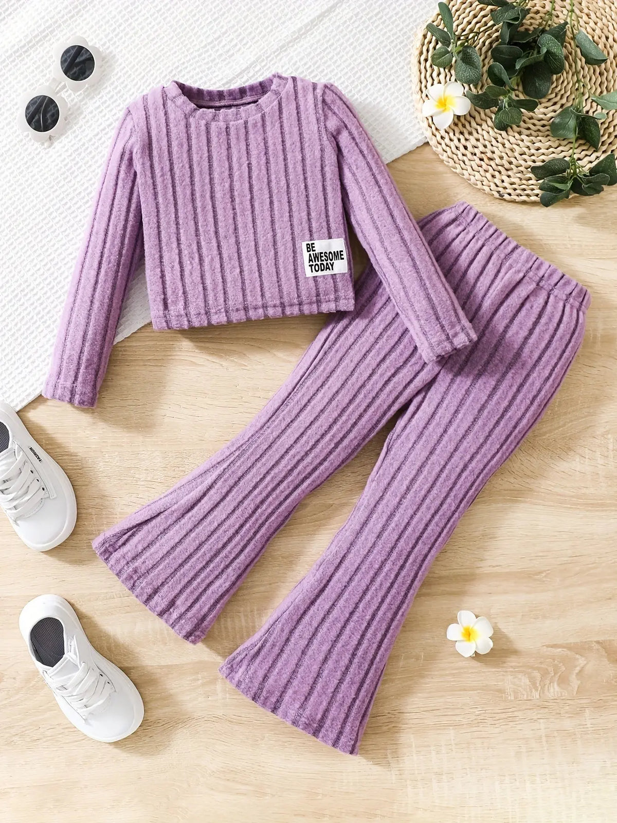 2pcs Toddler Girls Ribbed Outfits Crew Neck Long Sleeve Pullover Top + Flare Pants Set Spring Fall Sports Gift, Outdoor Clothing SS69