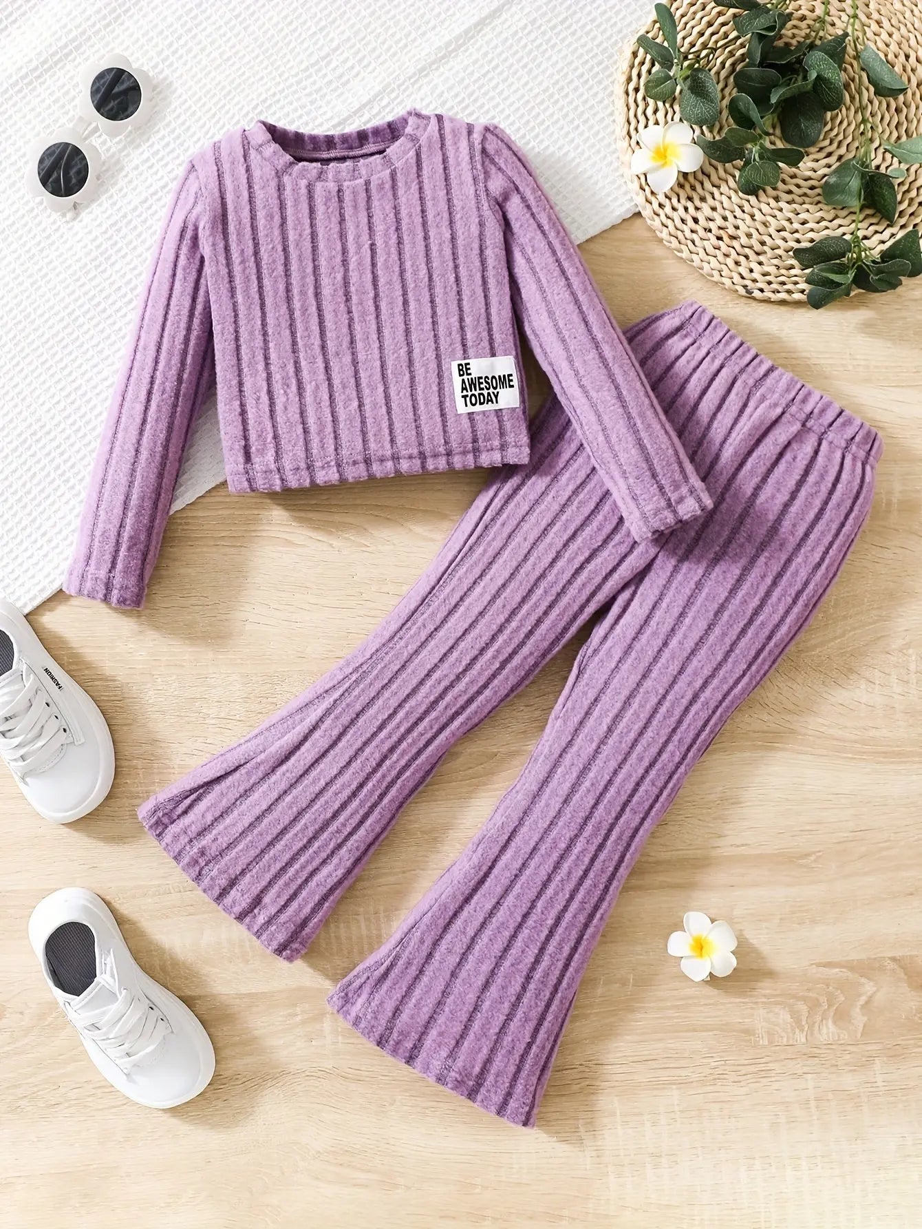 2pcs Toddler Girls Ribbed Outfits Crew Neck Long Sleeve Pullover Top + Flare Pants Set Spring Fall Sports Gift, Outdoor Clothing SS69