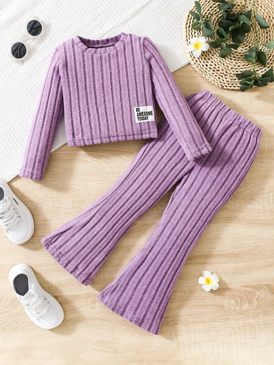 2pcs Toddler Girls Ribbed Outfits Crew Neck Long Sleeve Pullover Top + Flare Pants Set Spring Fall Sports Gift, Outdoor Clothing SS69