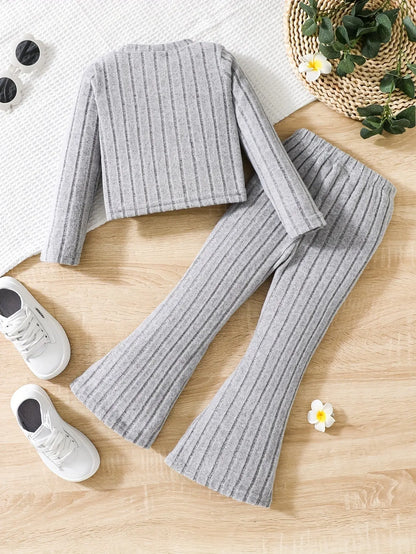 2pcs Toddler Girls Ribbed Outfits Crew Neck Long Sleeve Pullover Top + Flare Pants Set Spring Fall Sports Gift, Outdoor Clothing SS69