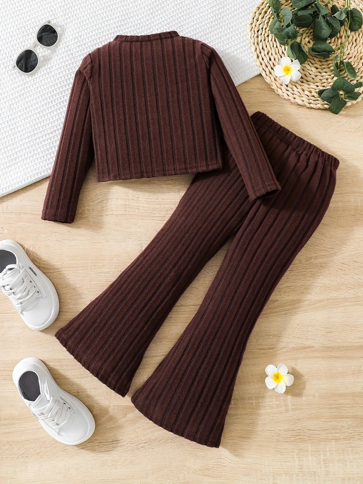 2pcs Toddler Girls Ribbed Outfits Crew Neck Long Sleeve Pullover Top + Flare Pants Set Spring Fall Sports Gift, Outdoor Clothing SS69