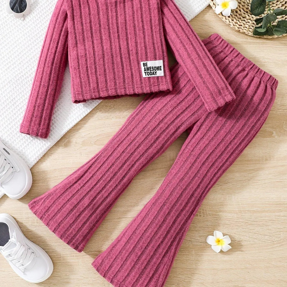 2pcs Toddler Girls Ribbed Outfits Crew Neck Long Sleeve Pullover Top + Flare Pants Set Spring Fall Sports Gift, Outdoor Clothing - SS69