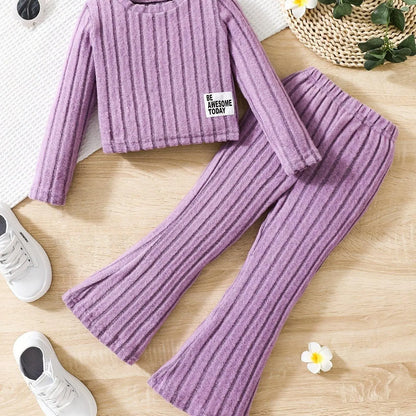 2pcs Toddler Girls Ribbed Outfits Crew Neck Long Sleeve Pullover Top + Flare Pants Set Spring Fall Sports Gift, Outdoor Clothing - SS69