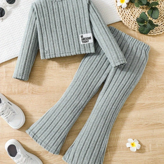 2pcs Toddler Girls Ribbed Outfits Crew Neck Long Sleeve Pullover Top + Flare Pants Set Spring Fall Sports Gift, Outdoor Clothing - SS69
