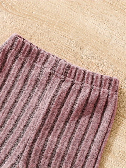 2pcs Toddler Girls Ribbed Outfits Crew Neck Long Sleeve Pullover Top + Flare Pants Set Spring Fall Sports Gift, Outdoor Clothing SS69