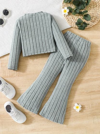 2pcs Toddler Girls Ribbed Outfits Crew Neck Long Sleeve Pullover Top + Flare Pants Set Spring Fall Sports Gift, Outdoor Clothing SS69