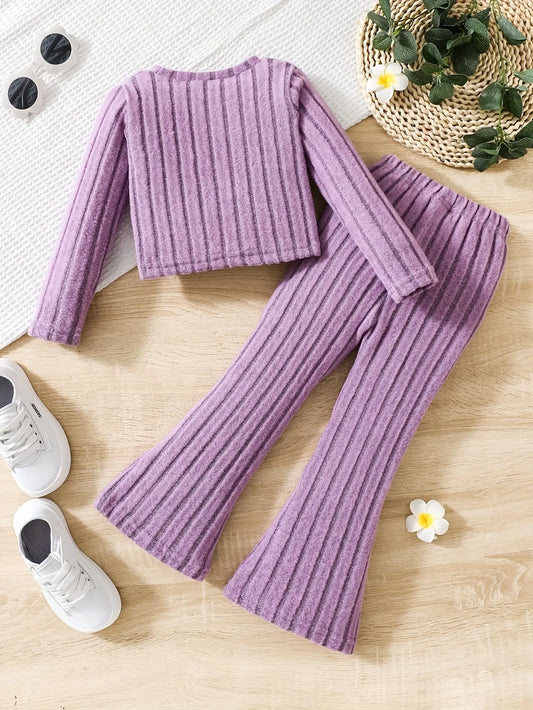 2pcs Toddler Girls Ribbed Outfits Crew Neck Long Sleeve Pullover Top + Flare Pants Set Spring Fall Sports Gift, Outdoor Clothing SS69