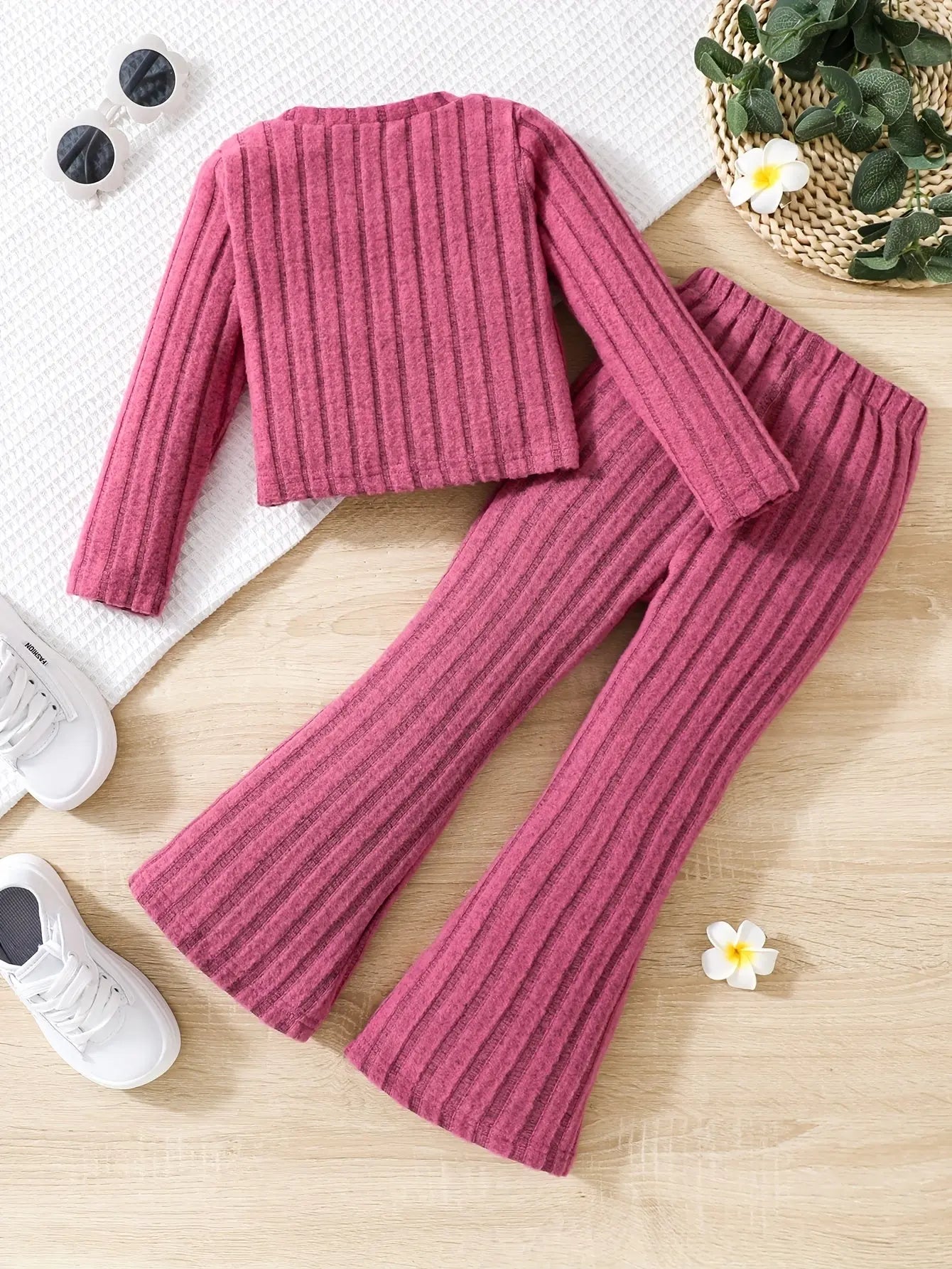 2pcs Toddler Girls Ribbed Outfits Crew Neck Long Sleeve Pullover Top + Flare Pants Set Spring Fall Sports Gift, Outdoor Clothing SS69