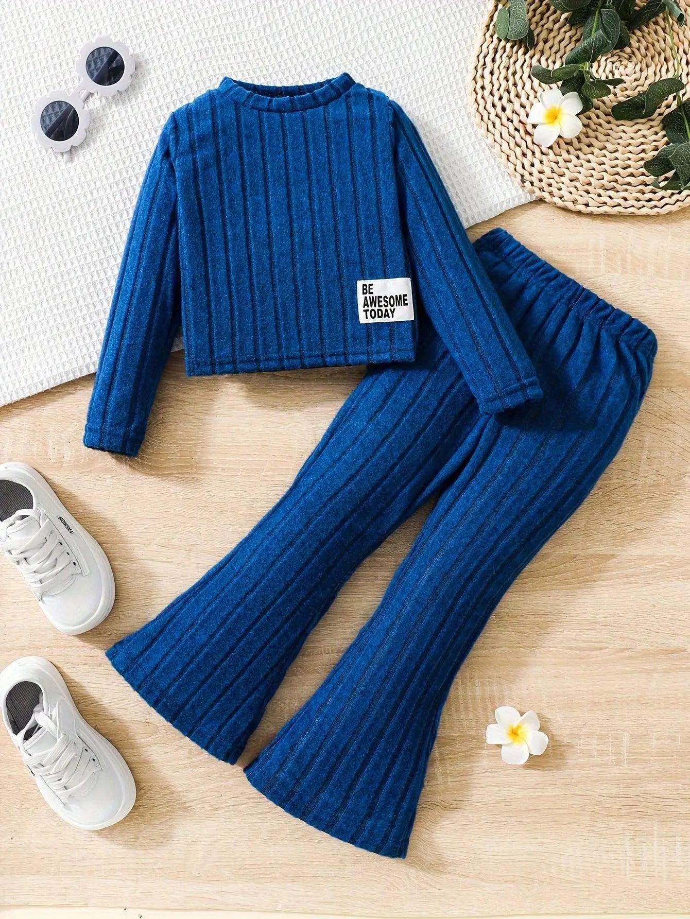 2pcs Toddler Girls Ribbed Outfits Crew Neck Long Sleeve Pullover Top + Flare Pants Set Spring Fall Sports Gift, Outdoor Clothing SS69