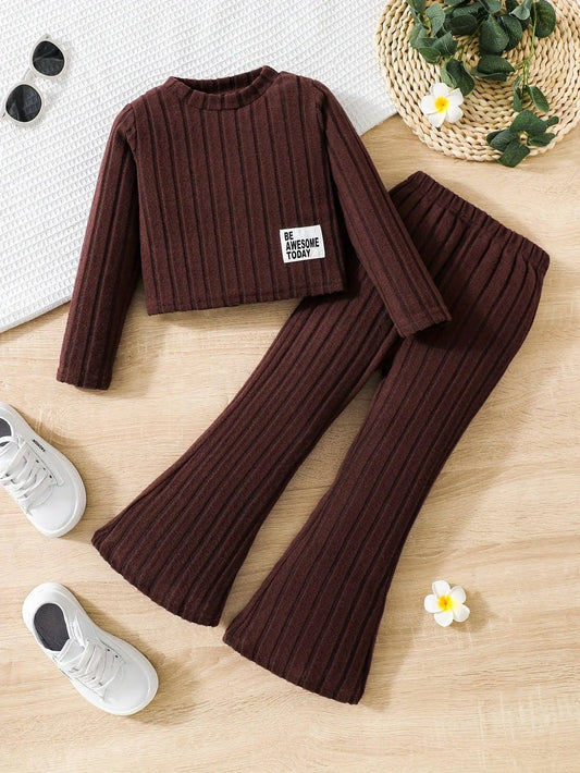 2pcs Toddler Girls Ribbed Outfits Crew Neck Long Sleeve Pullover Top + Flare Pants Set Spring Fall Sports Gift, Outdoor Clothing SS69