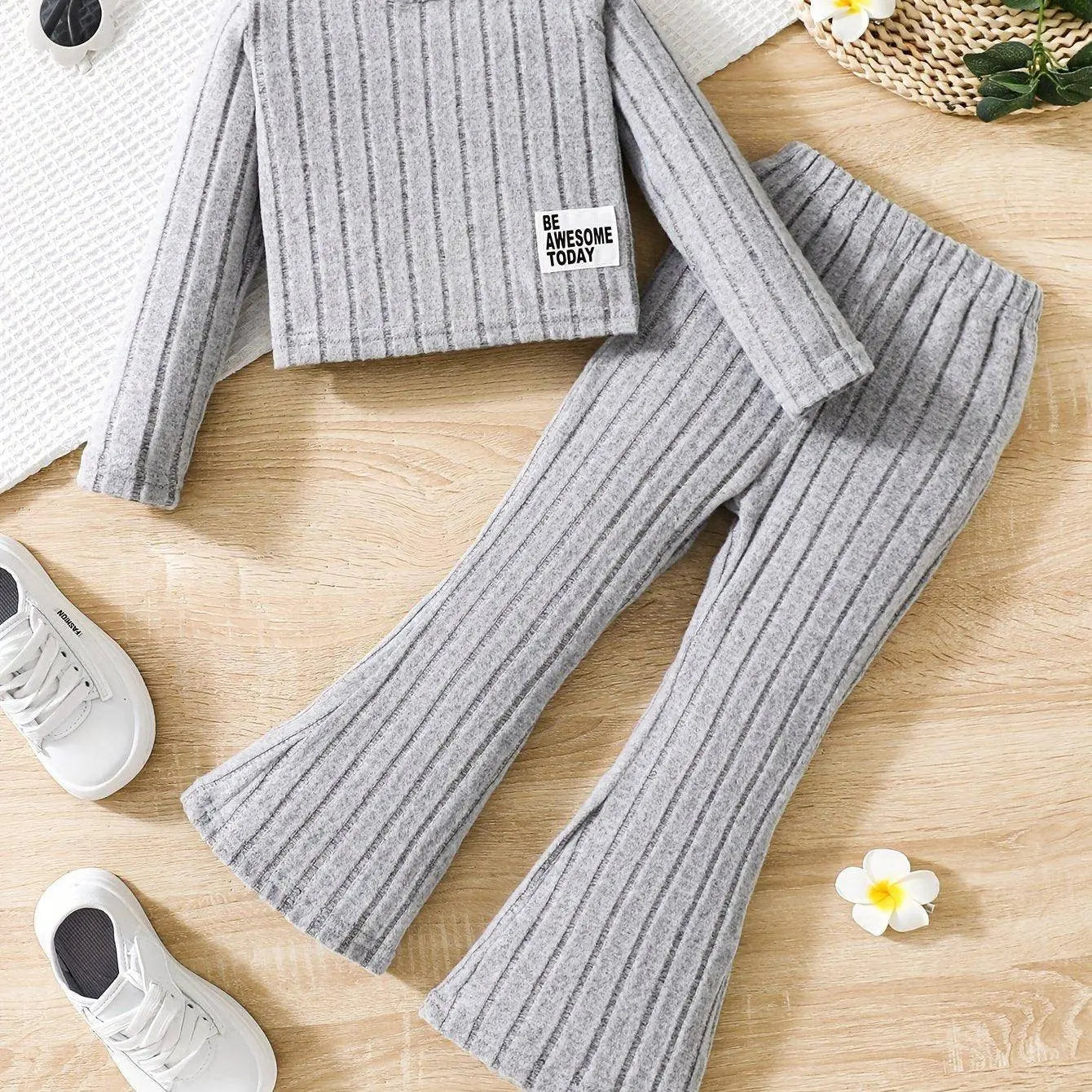 2pcs Toddler Girls Ribbed Outfits Crew Neck Long Sleeve Pullover Top + Flare Pants Set Spring Fall Sports Gift, Outdoor Clothing SS69