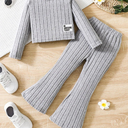 2pcs Toddler Girls Ribbed Outfits Crew Neck Long Sleeve Pullover Top + Flare Pants Set Spring Fall Sports Gift, Outdoor Clothing SS69