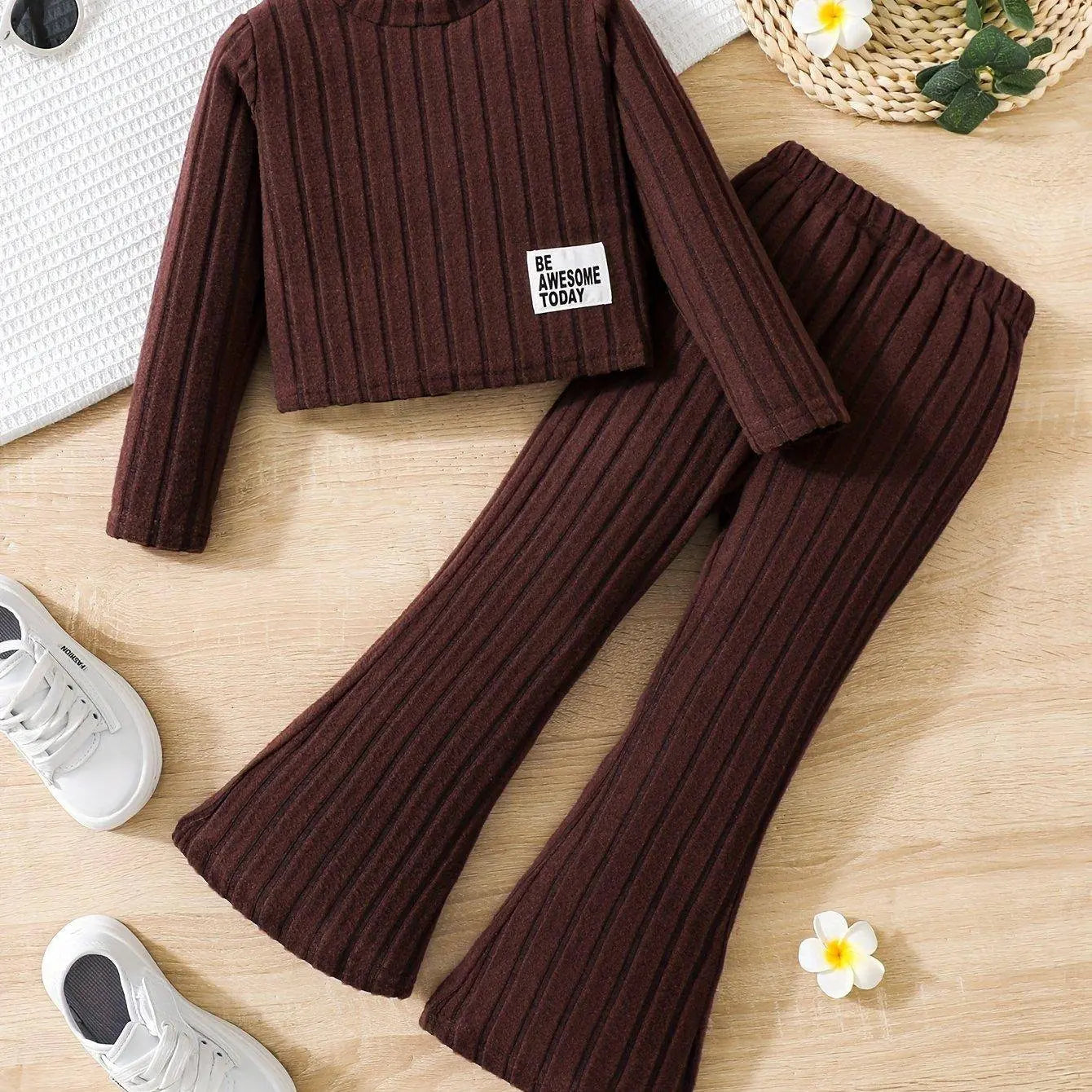 2pcs Toddler Girls Ribbed Outfits Crew Neck Long Sleeve Pullover Top + Flare Pants Set Spring Fall Sports Gift, Outdoor Clothing SS69