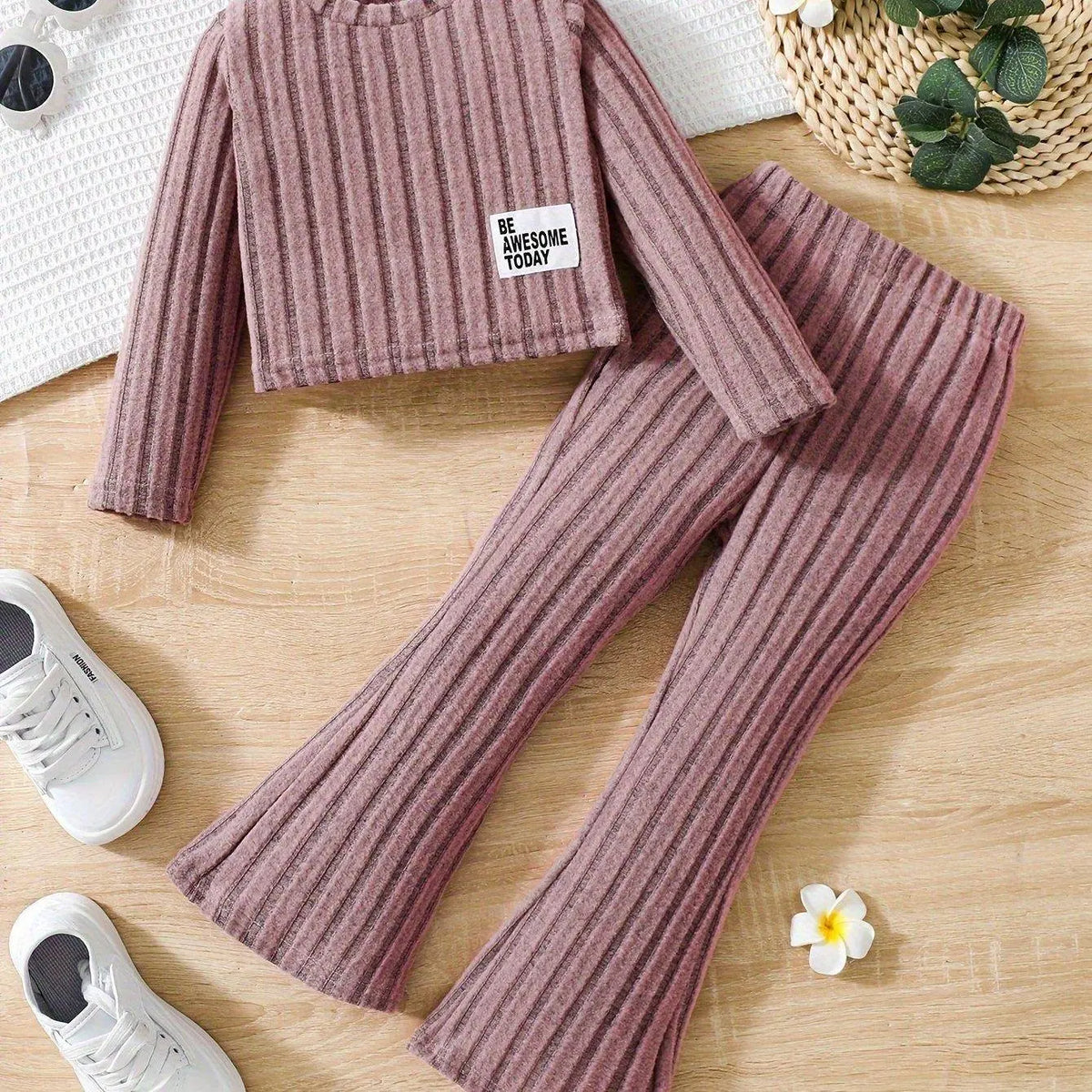 2pcs Toddler Girls Ribbed Outfits Crew Neck Long Sleeve Pullover Top + Flare Pants Set Spring Fall Sports Gift, Outdoor Clothing SS69