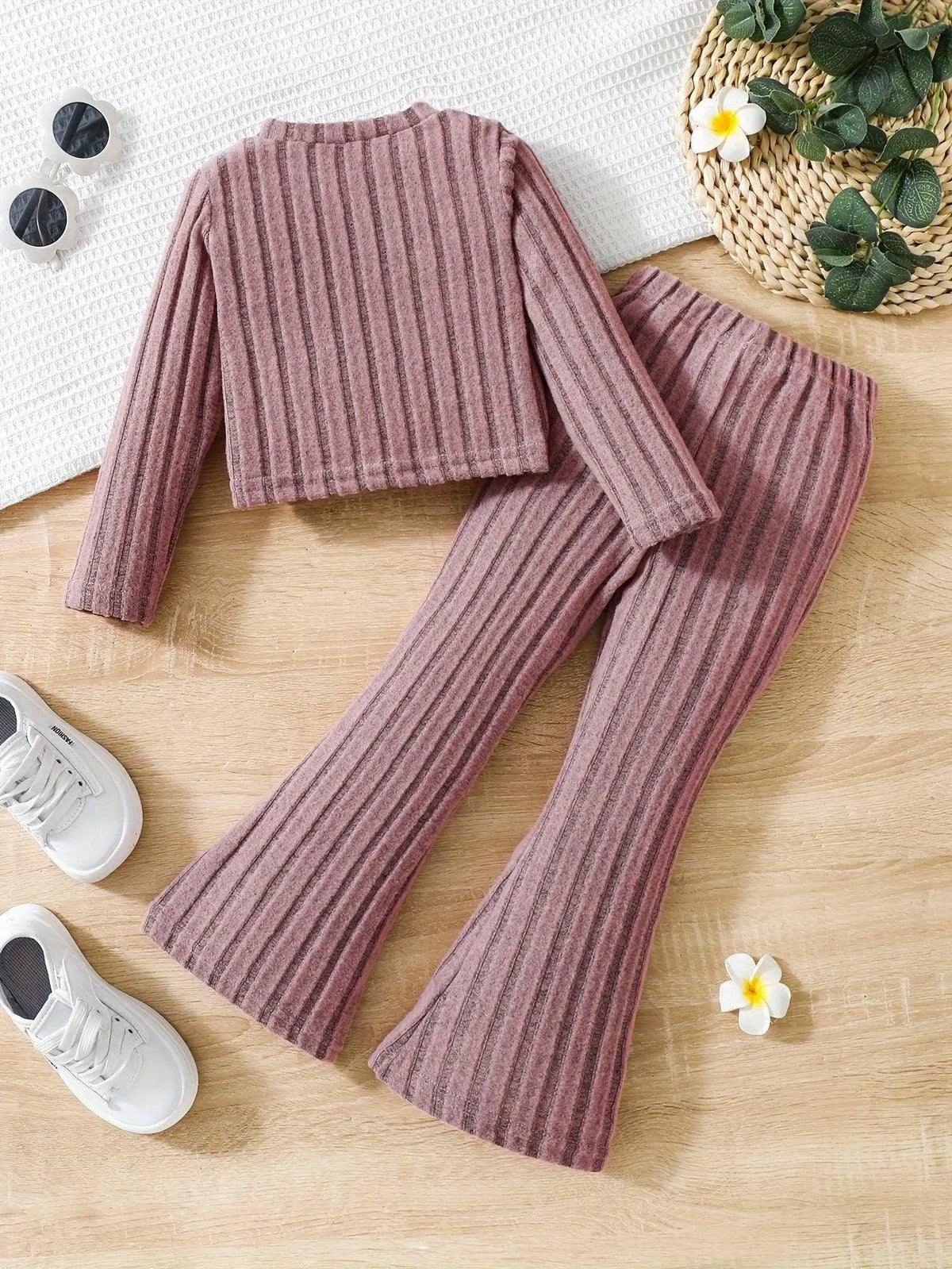 2pcs Toddler Girls Ribbed Outfits Crew Neck Long Sleeve Pullover Top + Flare Pants Set Spring Fall Sports Gift, Outdoor Clothing SS69