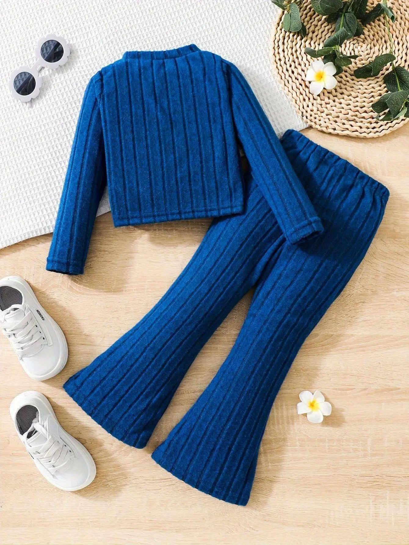 2pcs Toddler Girls Ribbed Outfits Crew Neck Long Sleeve Pullover Top + Flare Pants Set Spring Fall Sports Gift, Outdoor Clothing SS69