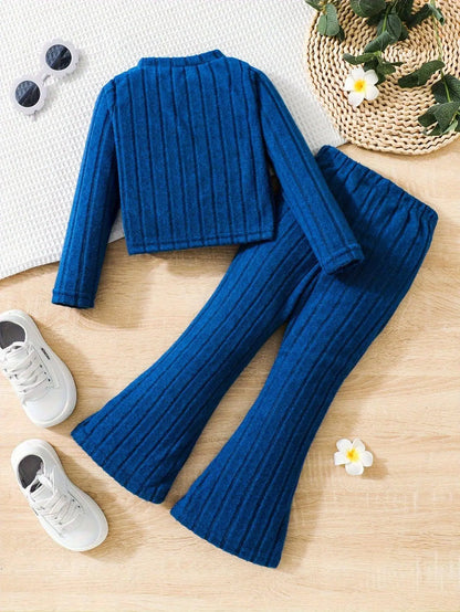 2pcs Toddler Girls Ribbed Outfits Crew Neck Long Sleeve Pullover Top + Flare Pants Set Spring Fall Sports Gift, Outdoor Clothing SS69