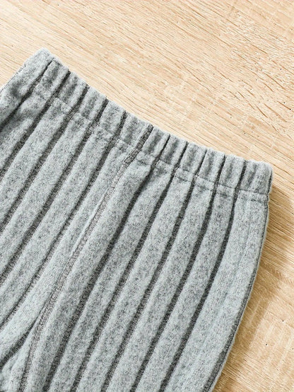 2pcs Toddler Girls Ribbed Outfits Crew Neck Long Sleeve Pullover Top + Flare Pants Set Spring Fall Sports Gift, Outdoor Clothing SS69