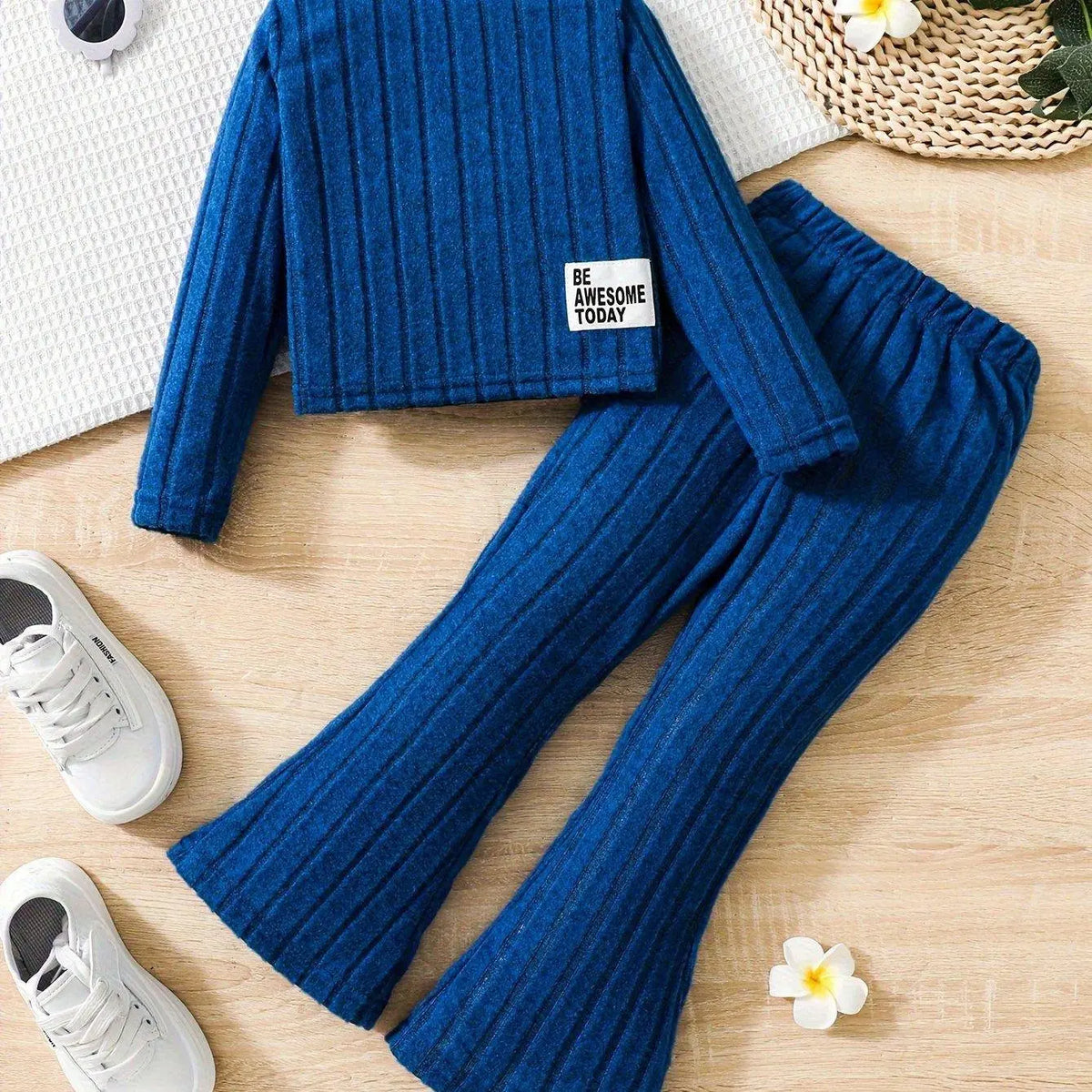 2pcs Toddler Girls Ribbed Outfits Crew Neck Long Sleeve Pullover Top + Flare Pants Set Spring Fall Sports Gift, Outdoor Clothing SS69