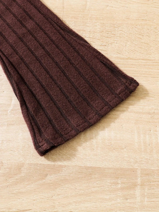 2pcs Toddler Girls Ribbed Outfits Crew Neck Long Sleeve Pullover Top + Flare Pants Set Spring Fall Sports Gift, Outdoor Clothing SS69