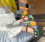 Women's Pineapple Print Platform Sandals - Thick Sole Super High Heels with Ankle Strap Closure, Open-Toe Summer Party Shoes in Pink & Green, Durable Fabric Upper & Rubber Sole for Dressy Occasions, Beachwear, Themed Events -