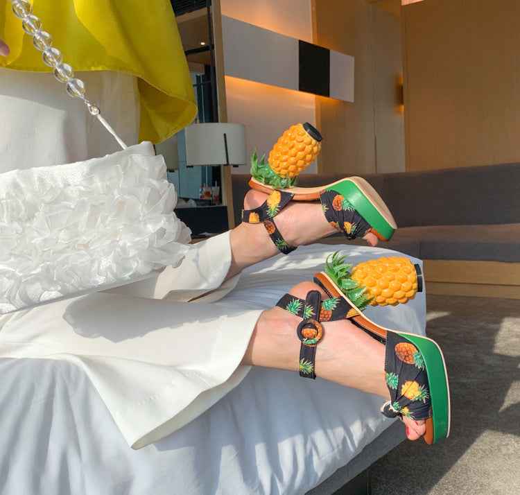 Women's Pineapple Print Platform Sandals - Thick Sole Super High Heels with Ankle Strap Closure, Open-Toe Summer Party Shoes in Pink & Green, Durable Fabric Upper & Rubber Sole for Dressy Occasions, Beachwear, Themed Events -