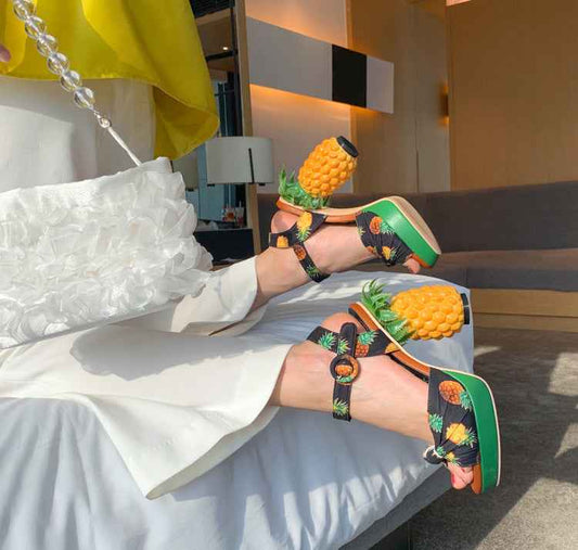 Women's Pineapple Print Platform Sandals - Thick Sole Super High Heels with Ankle Strap Closure, Open-Toe Summer Party Shoes in Pink & Green, Durable Fabric Upper & Rubber Sole for Dressy Occasions, Beachwear, Themed Events -