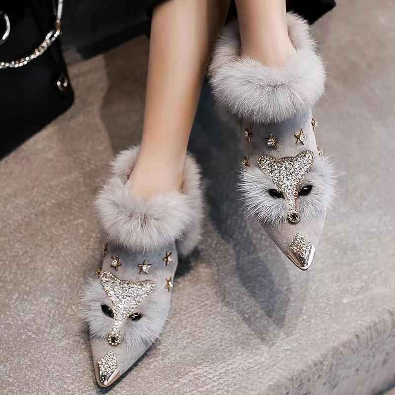 Fashio Pointed Toe faux fur Shoes for Women, Large Size, Fleece-Lined, Thick Heel, Thick Sole, Autumn Winter Warm Shoes