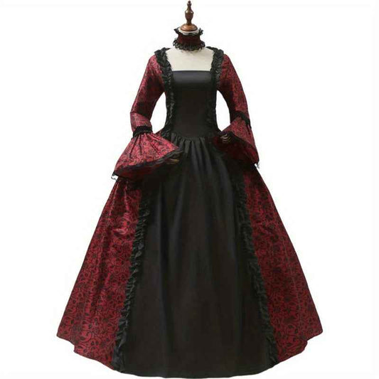 [Vintage Medieval Dress] Vintage Medieval Dress for Women - Victorian Gown with Intricate Lace Detailing, Long Sleeves & Ruffled Neckline, Perfect for Themed Parties, Stage Performances & Cosplay Events