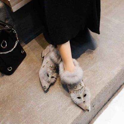 Fashio Pointed Toe faux fur Shoes for Women, Large Size, Fleece-Lined, Thick Heel, Thick Sole, Autumn Winter Warm Shoes