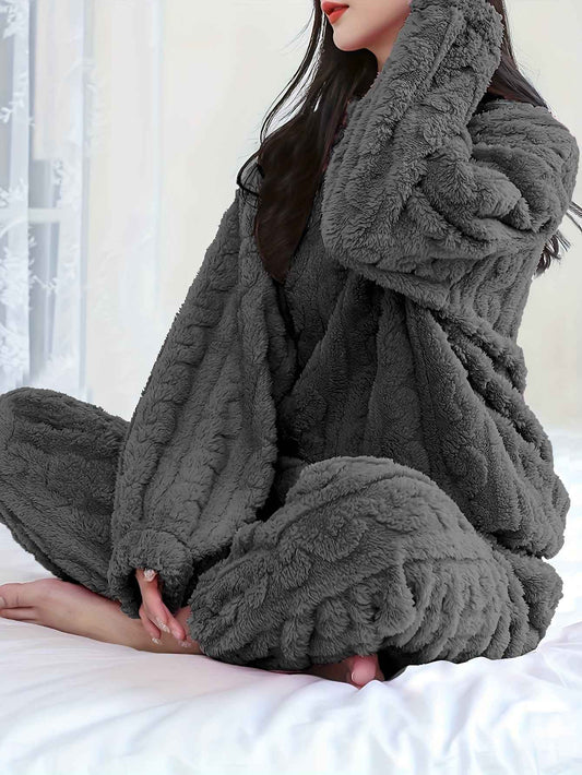 Solid Color Plus Size Women's Cozy Fleece Pajama Set - Soft Long Sleeve Round Neck Top & Pants, Casual Style, Perfect for Fall/Winter, Comfortable Sleepwear|Casual Style Pajamas|Soft Fleece Material