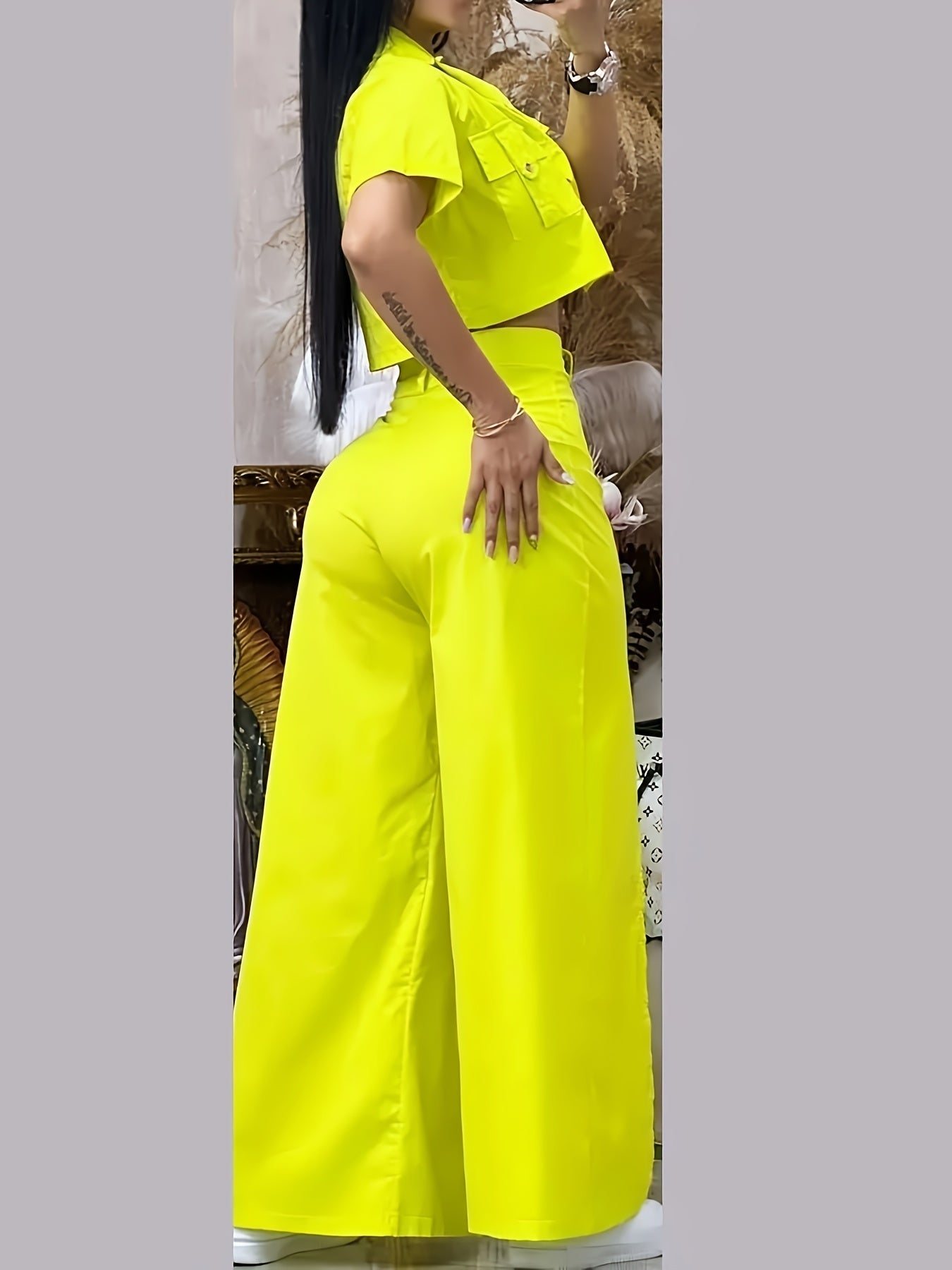 Women's Vibrant Yellow Casual Two-Piece Set: Short Sleeve Button-Up Shirt & High-Waist Wide-Leg Pants with Thigh-High Slit - Polyester, Machine Washable SS69