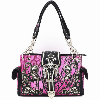 Camouflage Crown Buckle Western Style Purse Floral Shine Glow Country Handbag Women Shoulder Bag Crossbody Wallet Set SS69