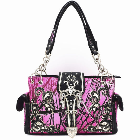 Camouflage Crown Buckle Western Style Purse Floral Shine Glow Country Handbag Women Shoulder Bag Crossbody Wallet Set SS69