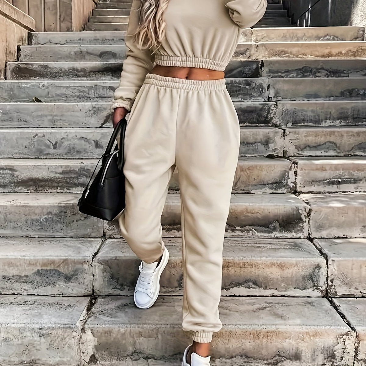 Women's New Round Neck Elastic Waist Top And Trousers Two-piece Set SS69 26.69 XXL / Khaki