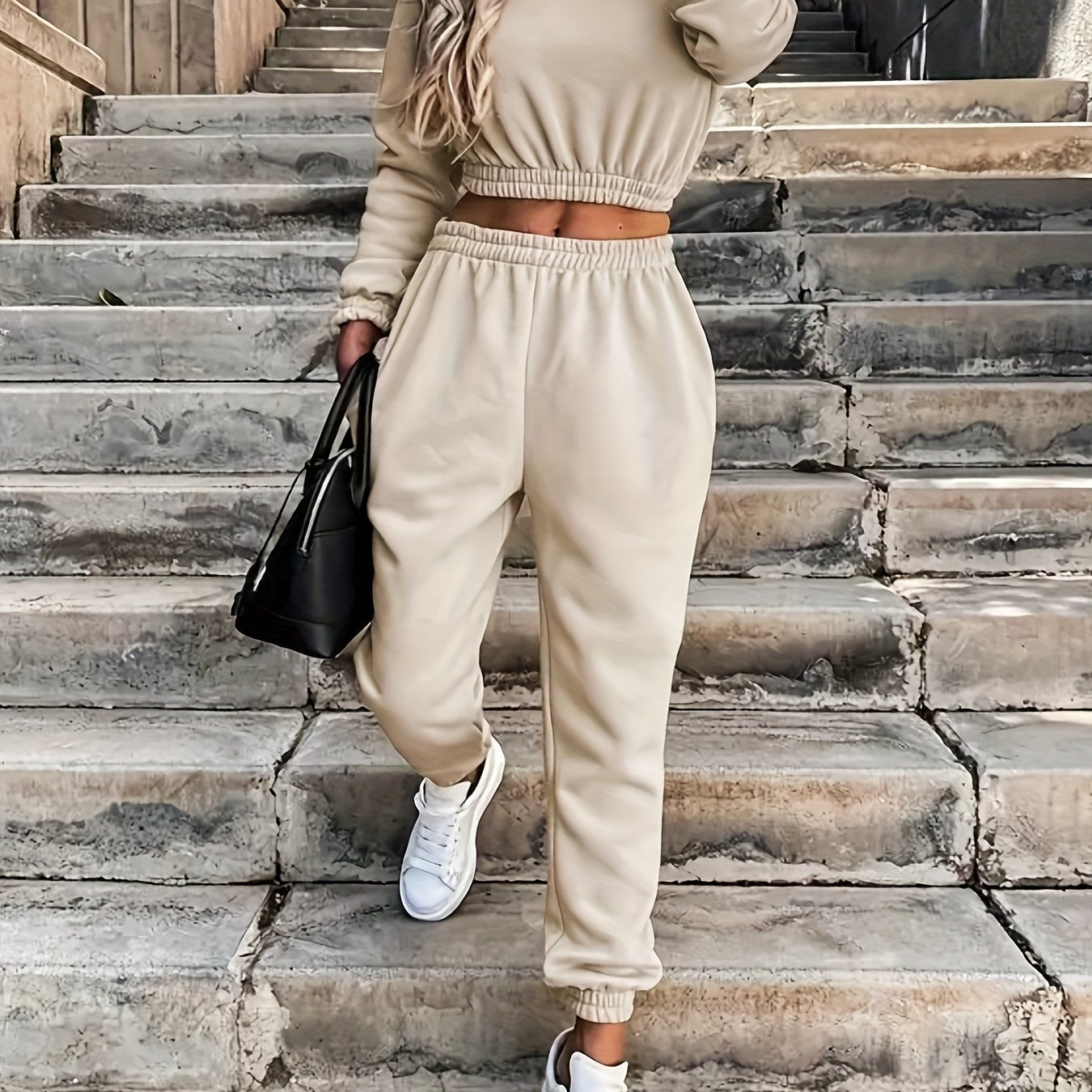 Women's New Round Neck Elastic Waist Top And Trousers Two-piece Set SS69 26.69 XXL / Khaki
