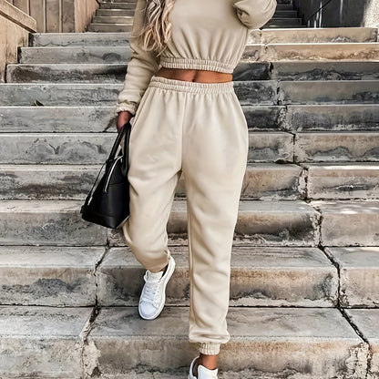 Women's New Round Neck Elastic Waist Top And Trousers Two-piece Set SS69 26.69 XXL / Khaki