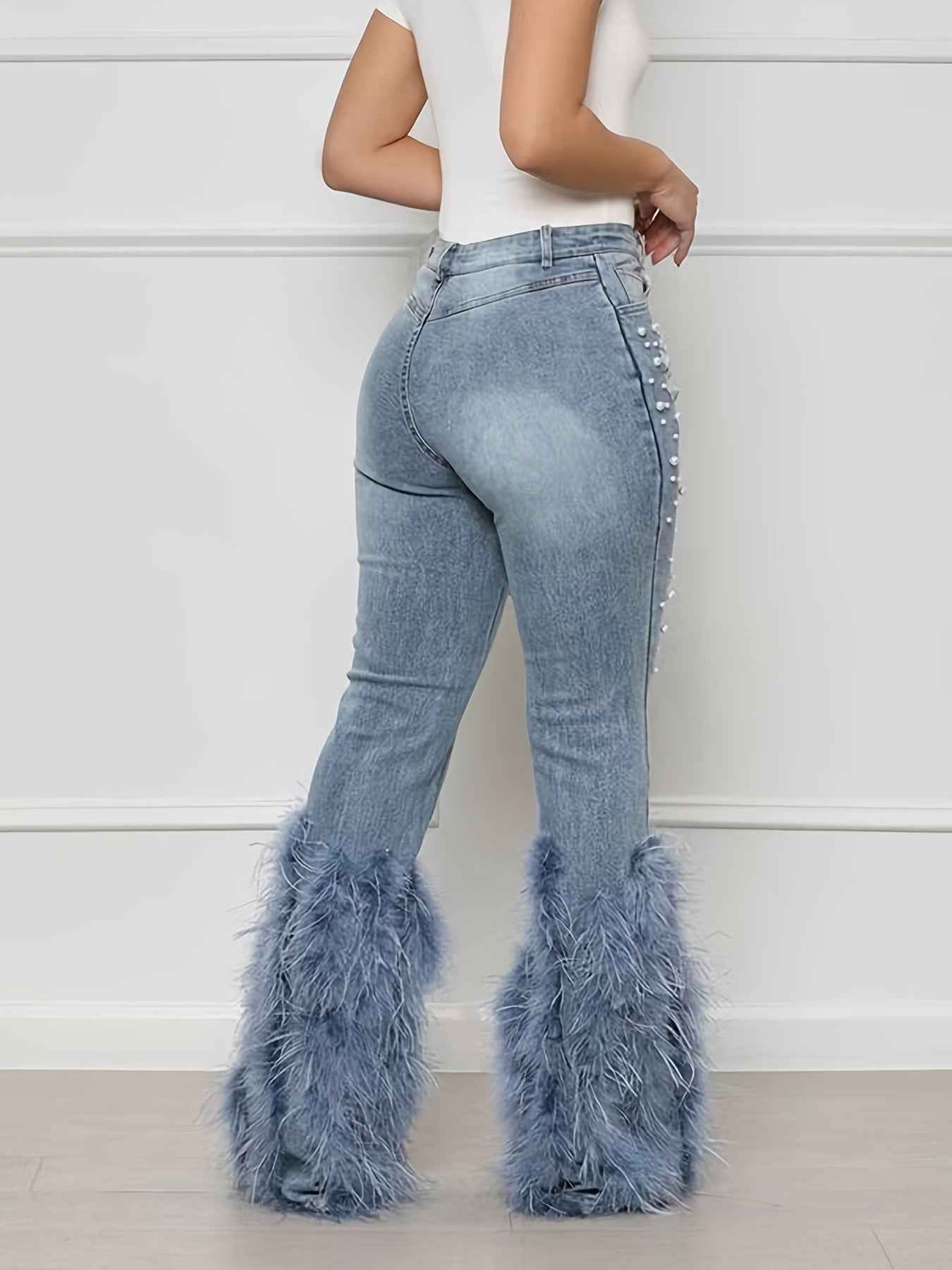 Beaded Long Whiskered Jeans - Women's Single Fashion Casual Jeans
